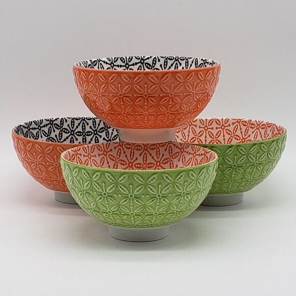 Now Designs Stamped Green/Orange and Orange/Black Porcelain 4pc Rice Bowl Set - Picture 6 of 13